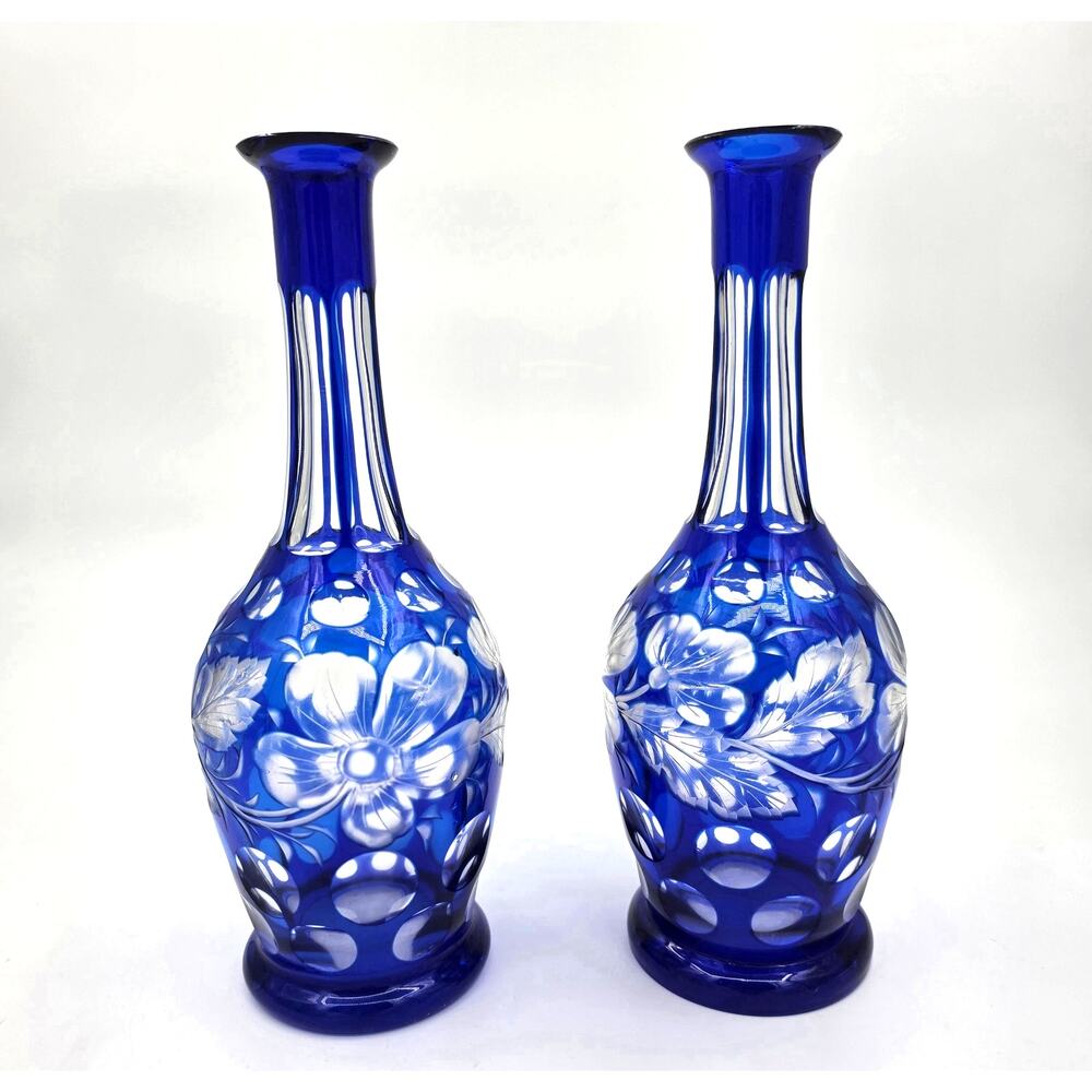 Vintage Bohemian Cobalt Blue Cut to Clear Glass Floral Dot Carafes - Pair 10.5"
